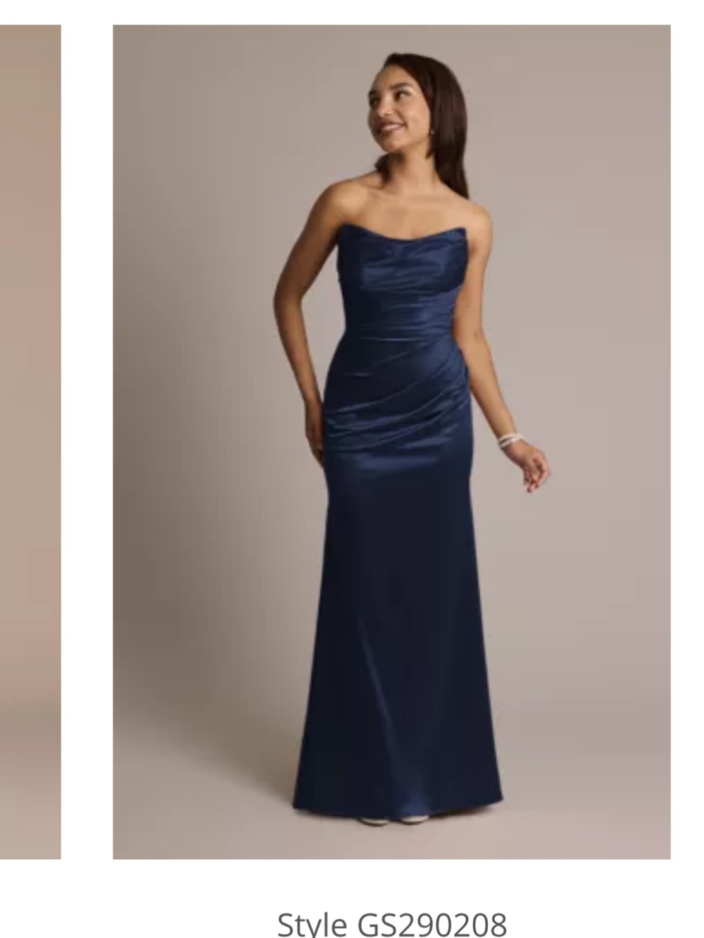 David's Bridal Strapless Navy Satin Column Gown
